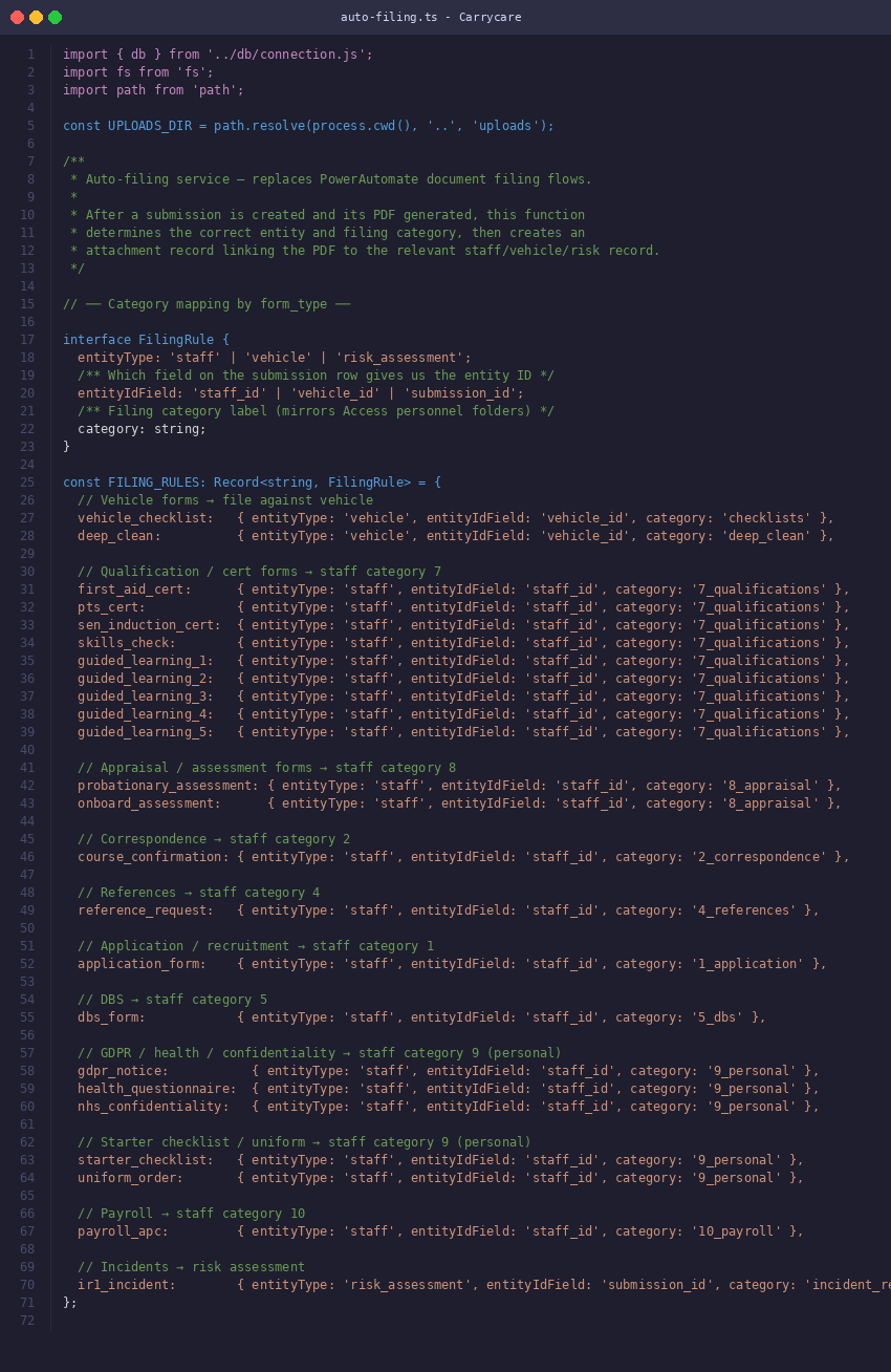 TypeScript auto-filing service replacing Power Automate flows