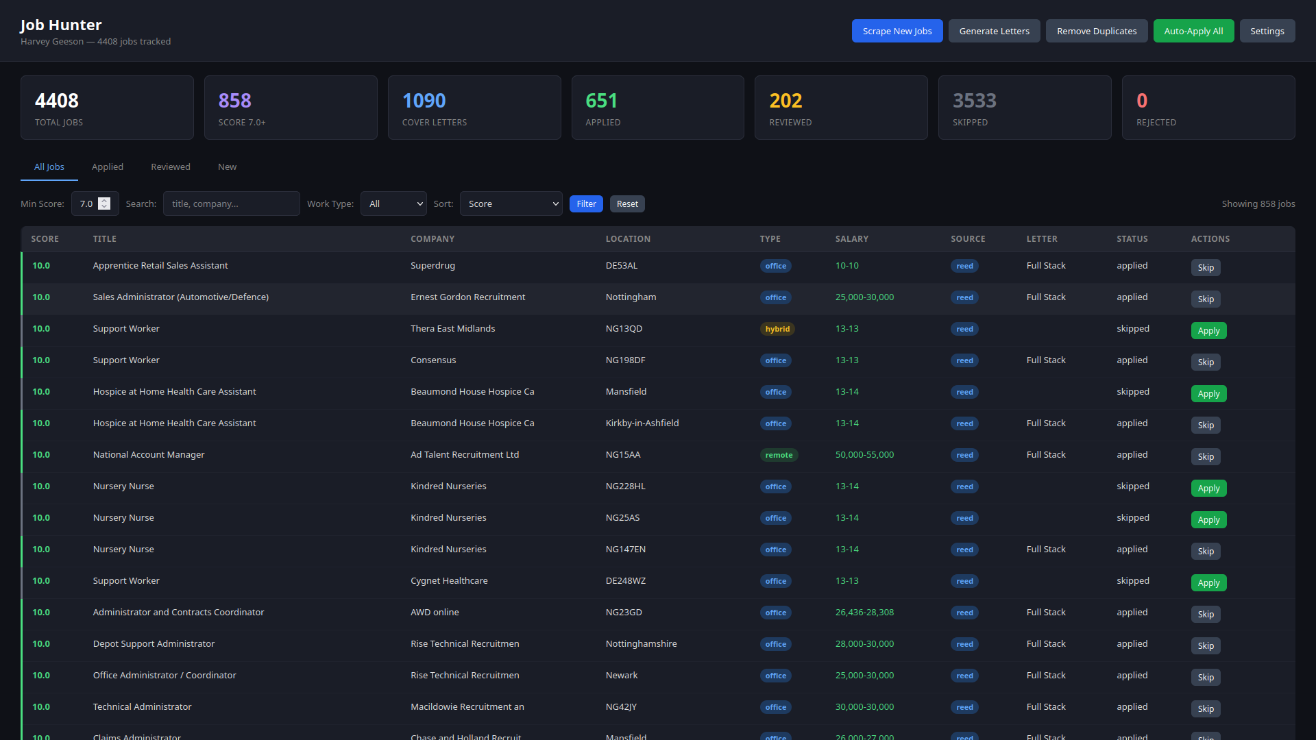 Job Hunter web dashboard